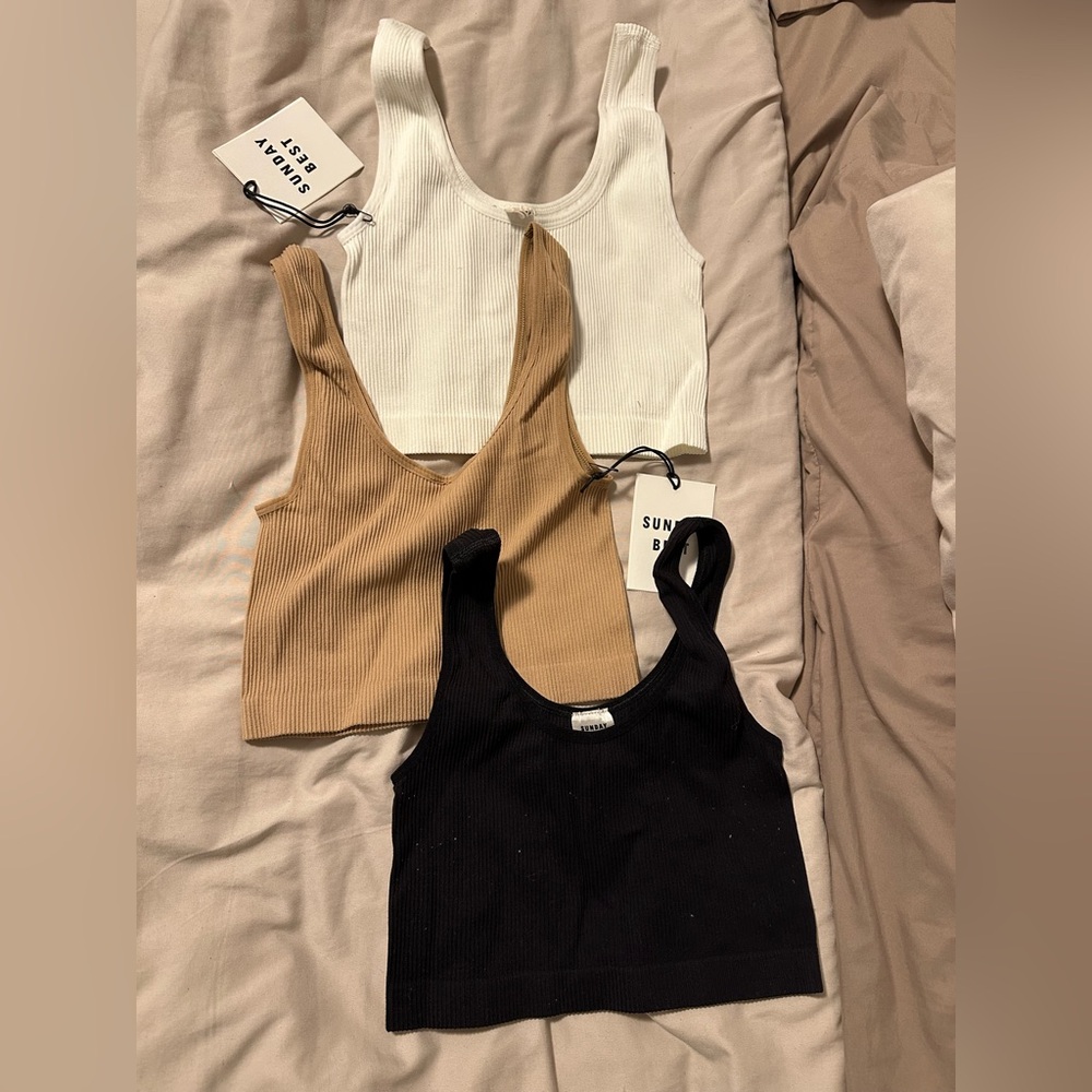 Lot of 3 Sunday Best Vincent Seamless Ribbed Crop Tops - Black, White, Tan